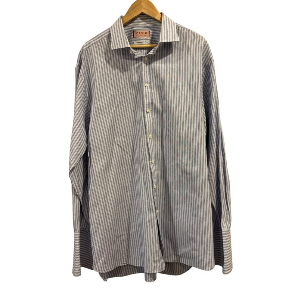 THOMAS PINK Light Blue Striped Dress Shirt, Size 18 1/2 X 37 1/2